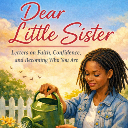 Book cover of 'Dear Little Sister' with a woman watering flowers in a garden.